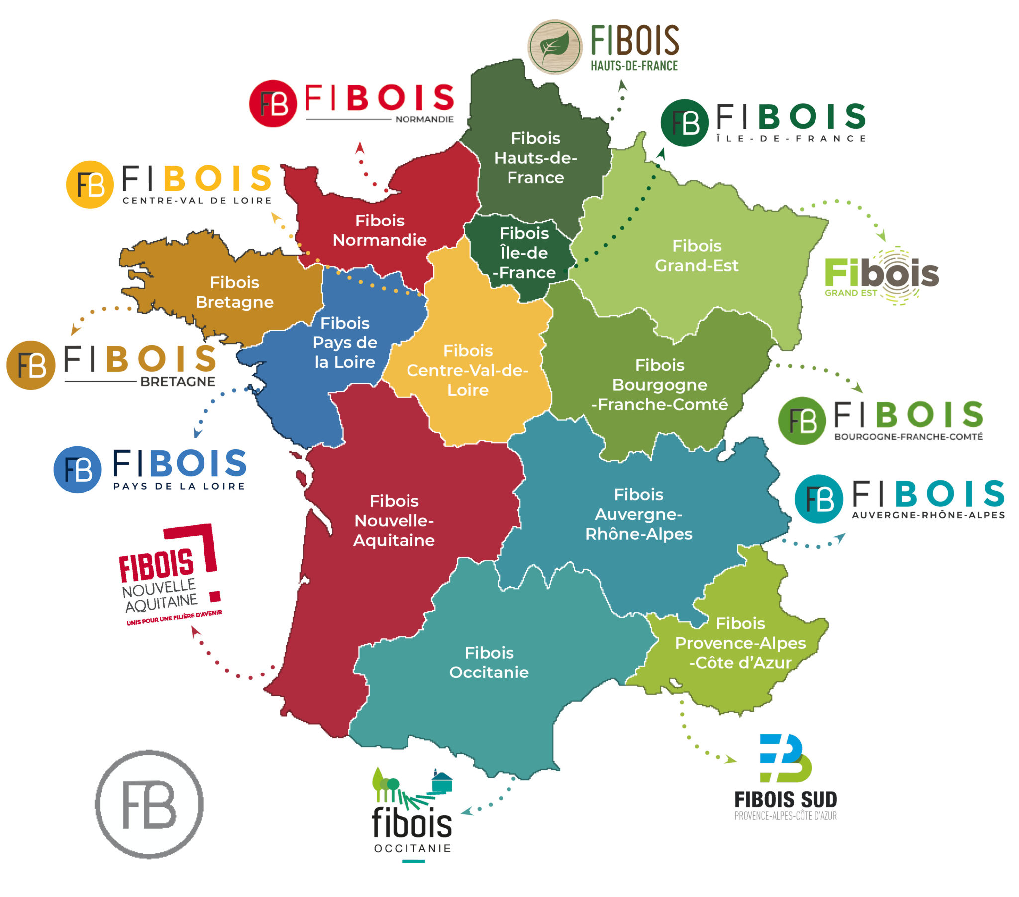 Carte des interprofessions du réseau Fibois France